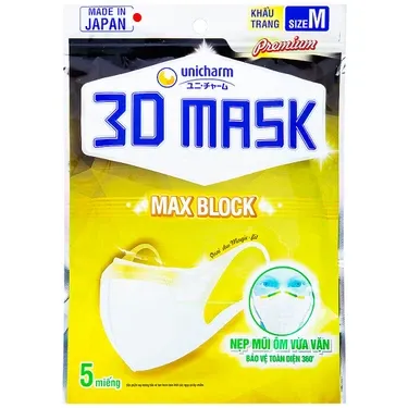 khau trang unicharm 3d max block 5 cai  ngan bui min virus giot ban
